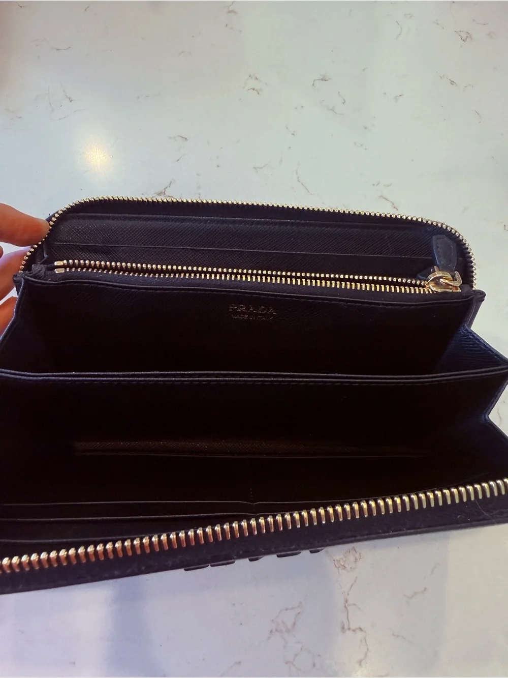 Prada Black Saffiano Leather Zip-Around Wallet with Gold Zipper